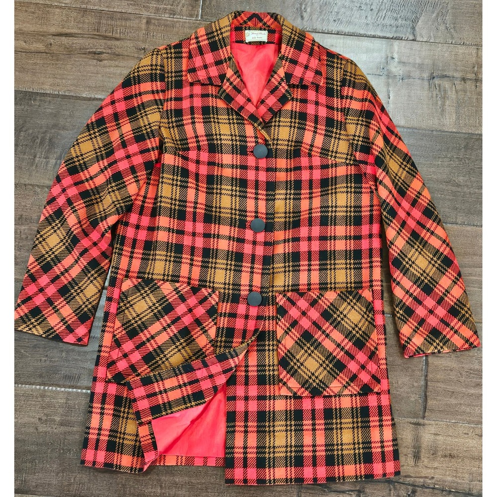 VTG RARE Handmade Sally Brown Plaid multi plaid Retro Preppy Lumberjack Coat 60s